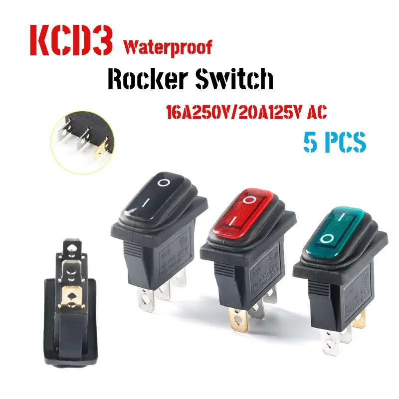 

KCD3 Rocker Switch Red Green Black With LED Light 3Pin 2 Gears On Off Waterproof Dustproof 10A 20A Switch Power Button