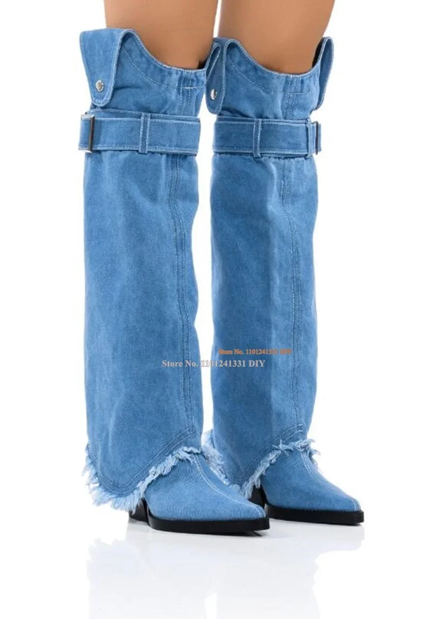 2 Ways Wear Denim 2 In 1 Boot Women Pointed Toe Chunky Heeled Stretch Fabric Fold Over Buckle Knee Length Jeans Long Bota