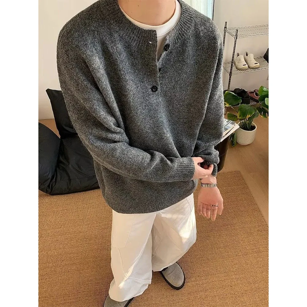 Autumn and winter new crew neck Henry neck sweater men's trendy brand lazy solid color bottomed knitted sweater jacket
