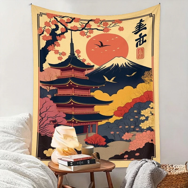 1PC Japanese Pagoda Fuji Art Print Backdrop Banner, Bedroom Living Room Photo Background, Polyester, Home Decor, Wall Art