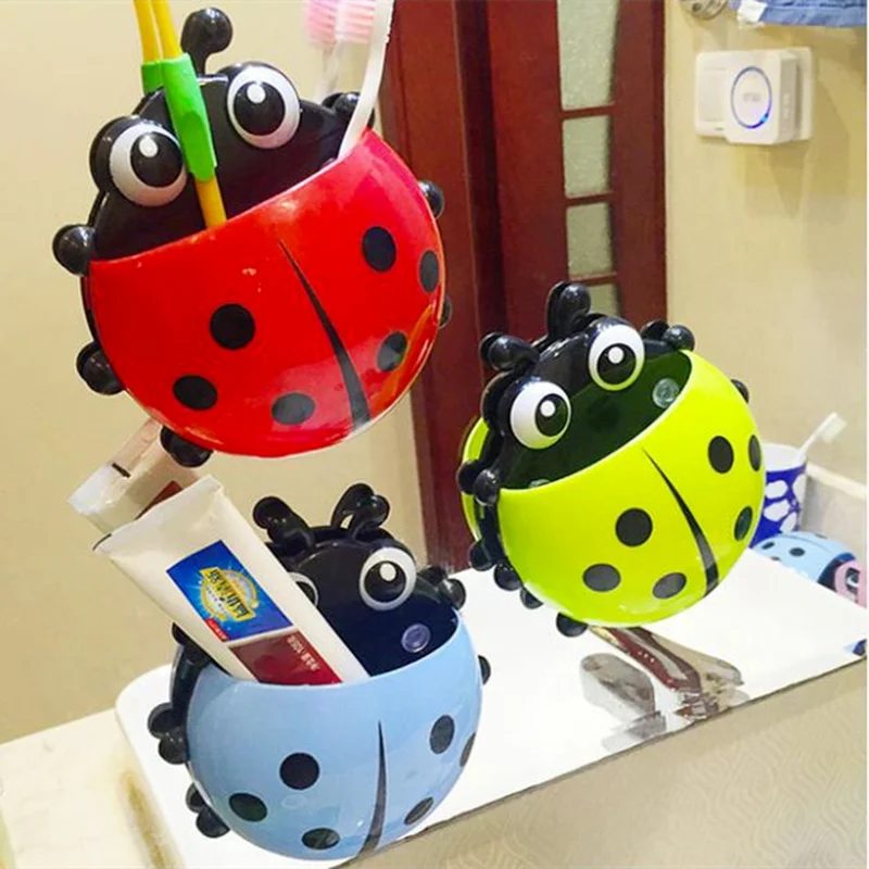 Cute Ladybug Toothbrush Holder Cartoon Toiletries Toothpaste Holder Wall Suction Bathroom Sets Cup Tooth Brush Container