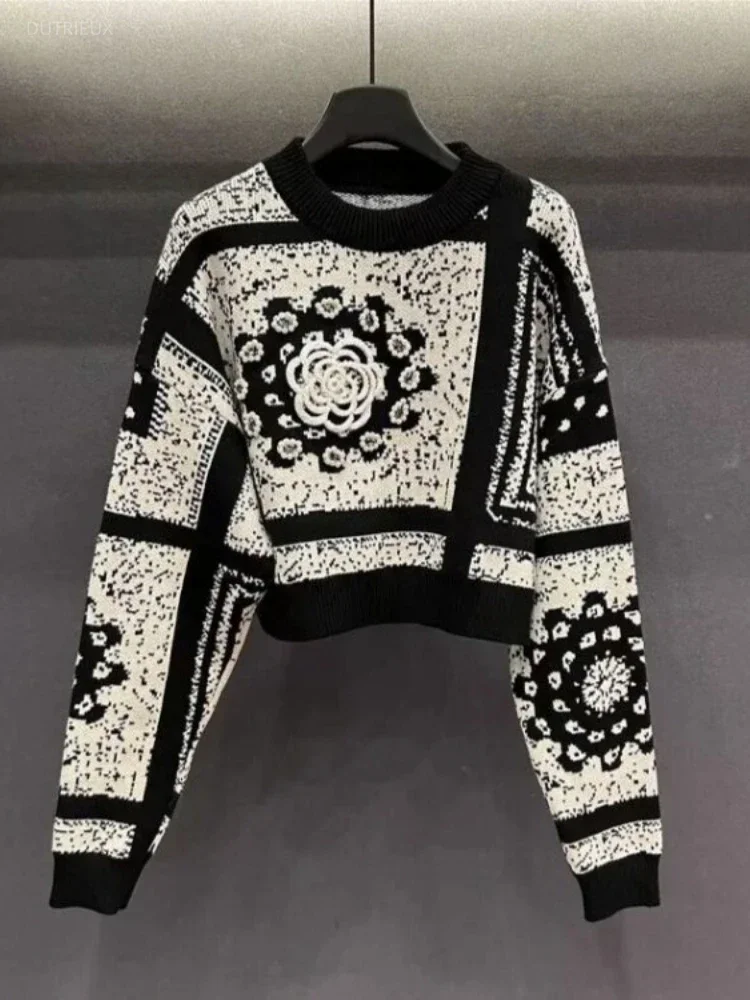 Temperament Sueter Mujer Floral Fashion Cropped Pullovers For Women O-neck Long Sleeve Tunic Beading Jumper Vintage Knit Sweater