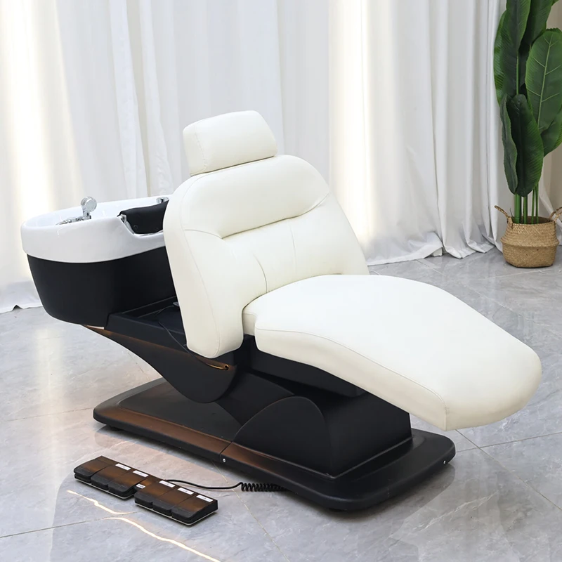 qk-Modern Rotation Barber Shop Furniture Washing Bed Luxury Multifunction Reclining Electric Head Spa Shampoo Chair with Lights@