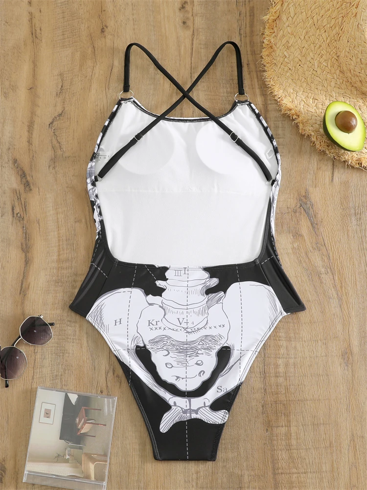 One Piece Swimsuit Women 2024 New Sling Bone Print Sexy Bodysuit Monokini Swimwear Summer Backless Beachwear Bathing Suit Female