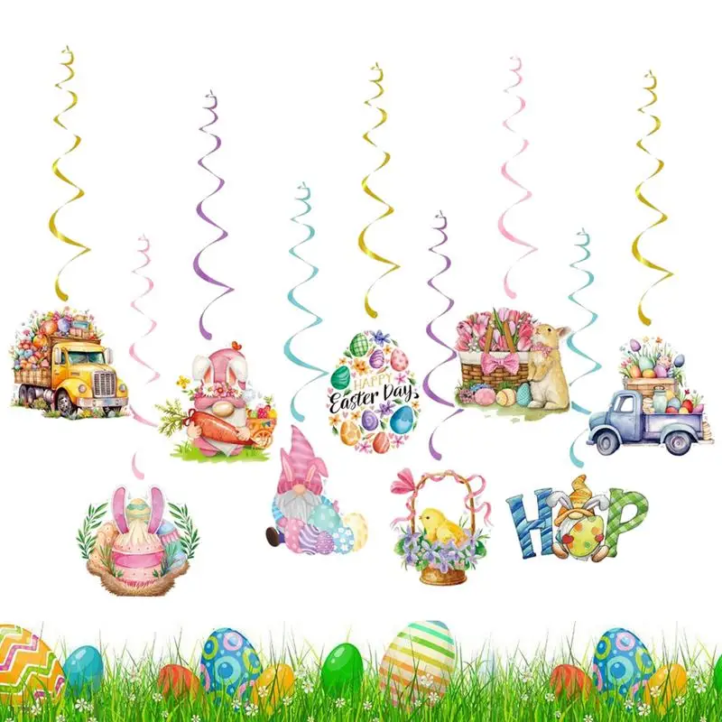 

9PCS Easter Hang Swirls Decorations Happy Easter Decoration 2024 Spiral Charm Pendant Swirls For Easter Hanging Pendant For Home