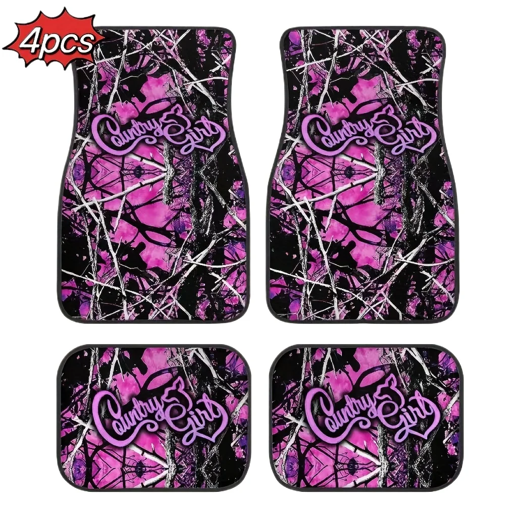 

4pcs Pink Forest Print Car Floor Mats - Absorbent, Non-slip and Washable, Suitable for Cars, Vans, SUVs, Perfect Christmas Gift