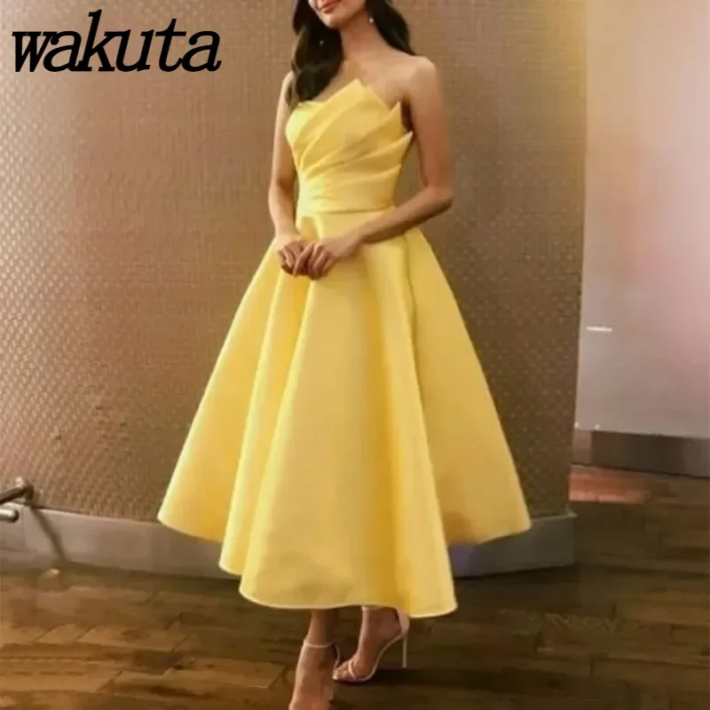 Wakuta Elegant Women's Prom Dress Satin Pleats Strapless A Line Formal Party Simple Graduation Evening Vestidos De Graduación