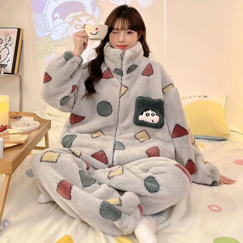 Cute Cartoon Crayon Shin-Chan Women Winter Plush Pajamas Set Pattern Zipper Design Warm Coral Fleece Loungewear Loose Sleepwear