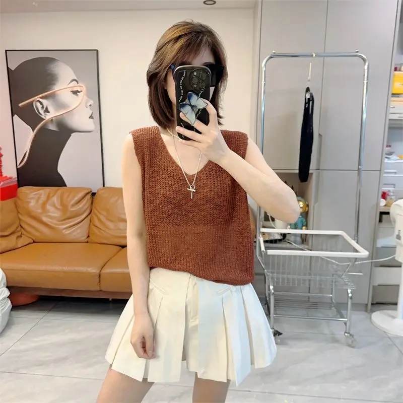 

Летние модные женские вязаные жилеты, рубашки, топы, женские однотонные эластичные тонкие повседневные жилеты без рукавов с v-образным вырезом, тонкие топы D59