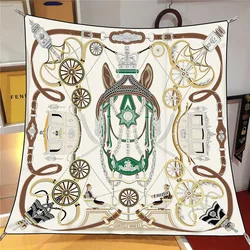 90CM Silk Scarf Women Horse Carriage Print Square Scarves Head Echarpes Silk Foulards Femme Wraps Beach Shawl Bandana Lady Hijab