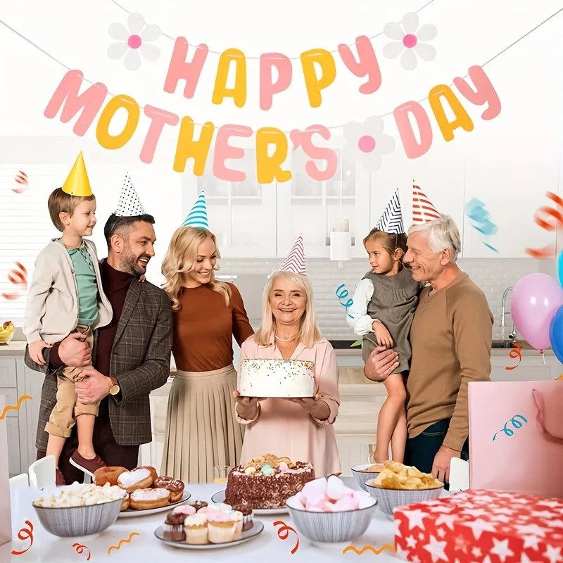 

Happy Mother's Day Decorative Banners & Pull Flowers, Wall Hanging Decor for Shop & Room, Photo Booth Props