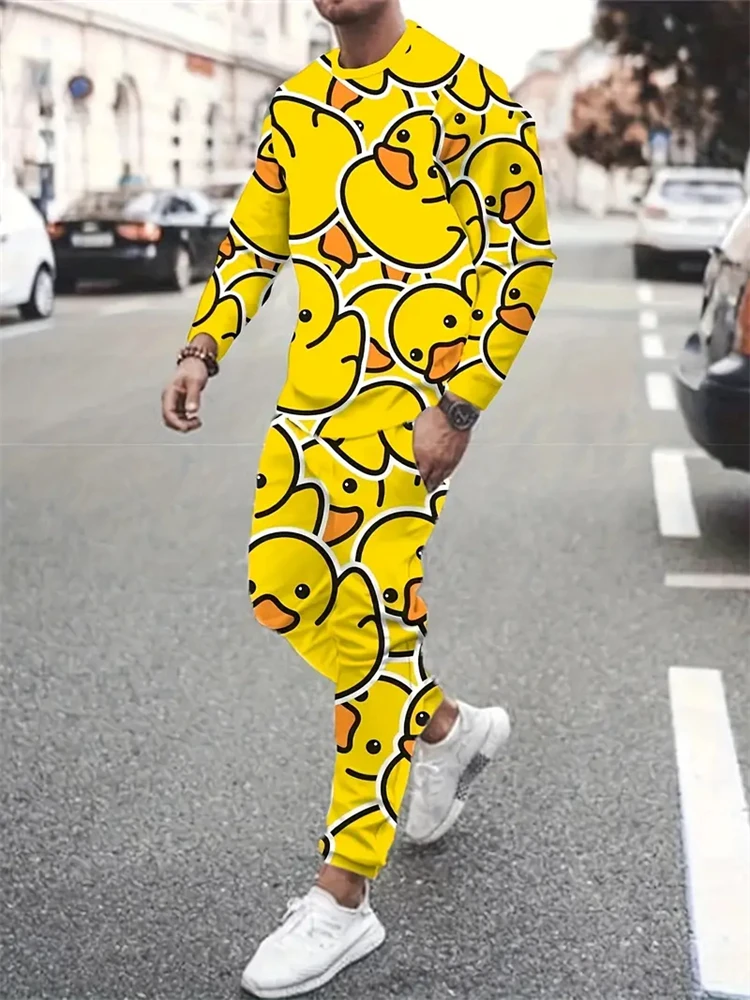 2024 Spring And Autumn Men\'s Yellow Duck Printed Sportswear Two-piece Set Fashion Streetwear Long-sleeved Pants Men\'s Clothing