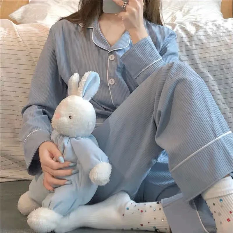 2025 primavera y otoño nuevo pijama de Color sólido para mujer traje para casa niñas de manga larga Otoño e Invierno traje de ocio para el hogar