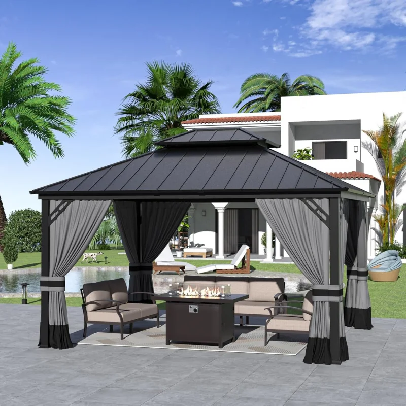 

12x14Ft Hardtop Metal Gazebo, Galvanized Steel Double Roof, Aluminum Pavilion/ Curtain & Netting, Permanent Outdoor Canop