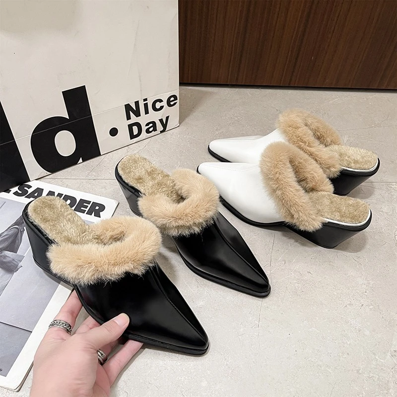 2025 Winter New Furry Wedge Heel Slippers - Pointed Toe Warm Comfortable Versatile Slip-On For Outdoor Wear