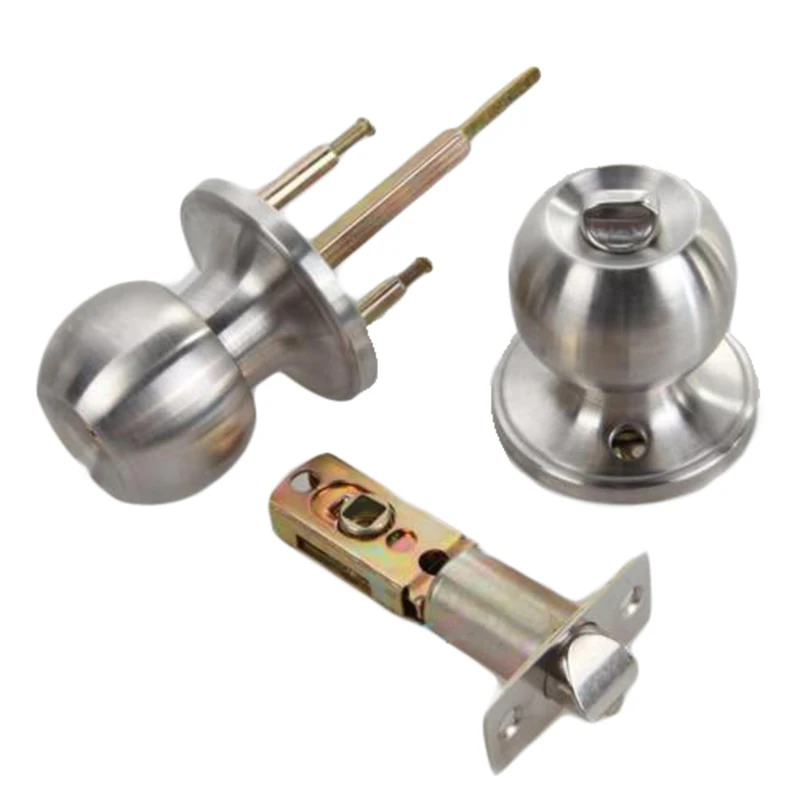 Stainless Rotation Round Door Knobs Handle Entrance Passage Lock With Key Set For Ease Of Opening.  Keyhole On Outside