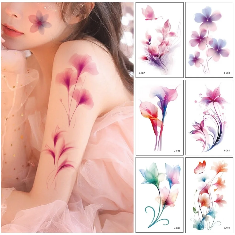 Dreamy Watercolor Gradient Flower Tattoo Temporary Sticker Disposable Party Makeup Body Art Festival Accessories Waterproof