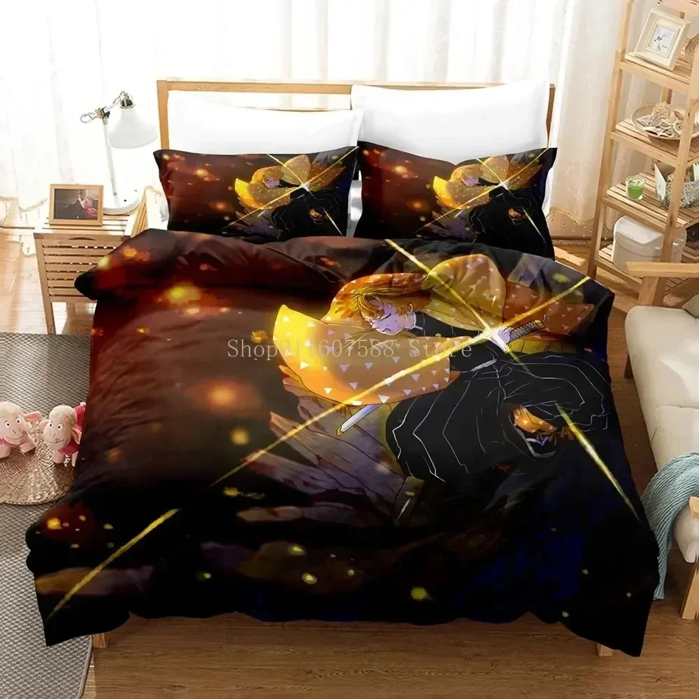 Anime Zenitsu Agatsum Demon Slayer Bedding Sets Quilt Cover Queen King Size Bed Polyester Set 3 Piece Bedspread for Teens