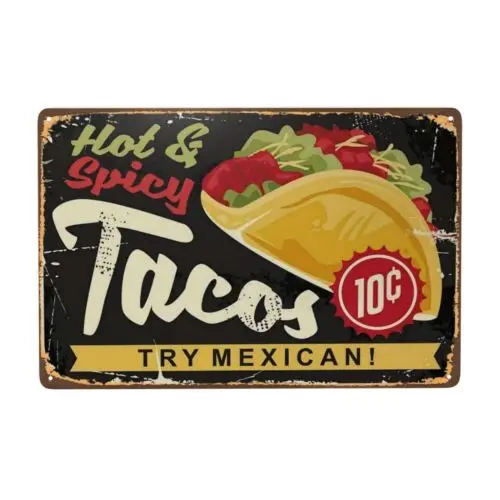 Mexican Tacos Metal Sign, Chic Vintage Tin Signs, Retro Rusty Traces 8x12