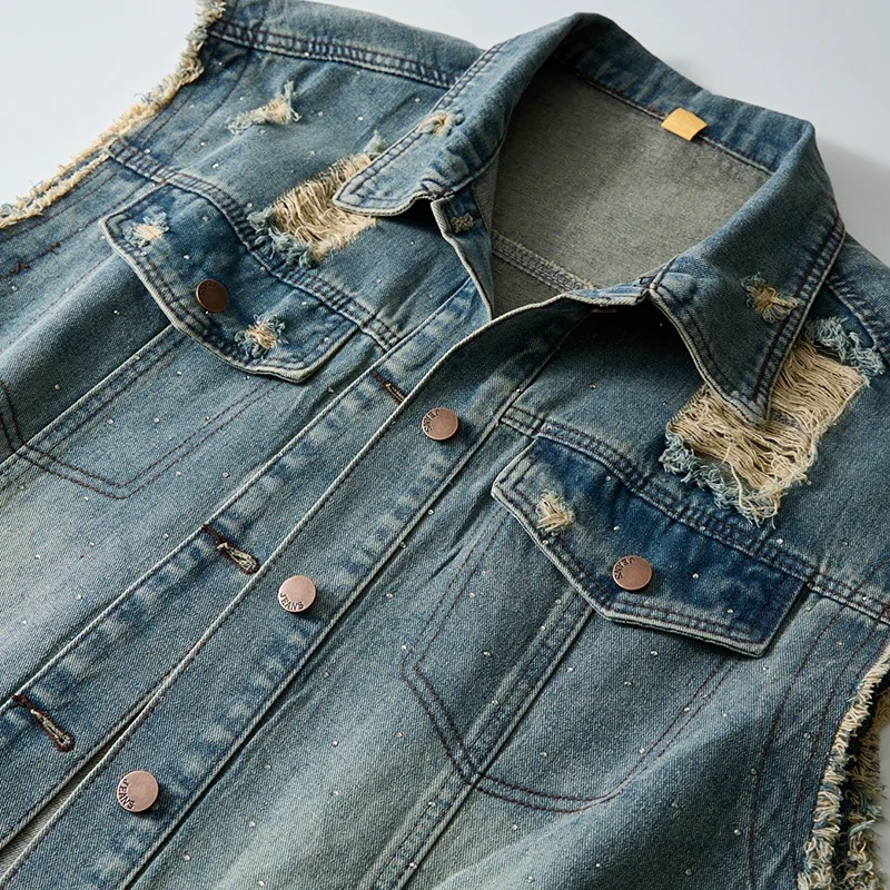 Blue Men's Perforated Sleeveless Denim Vest, Single Breasted (loose Fit) Vintage Vest, M, L, XL, XXL Tank Tops.
