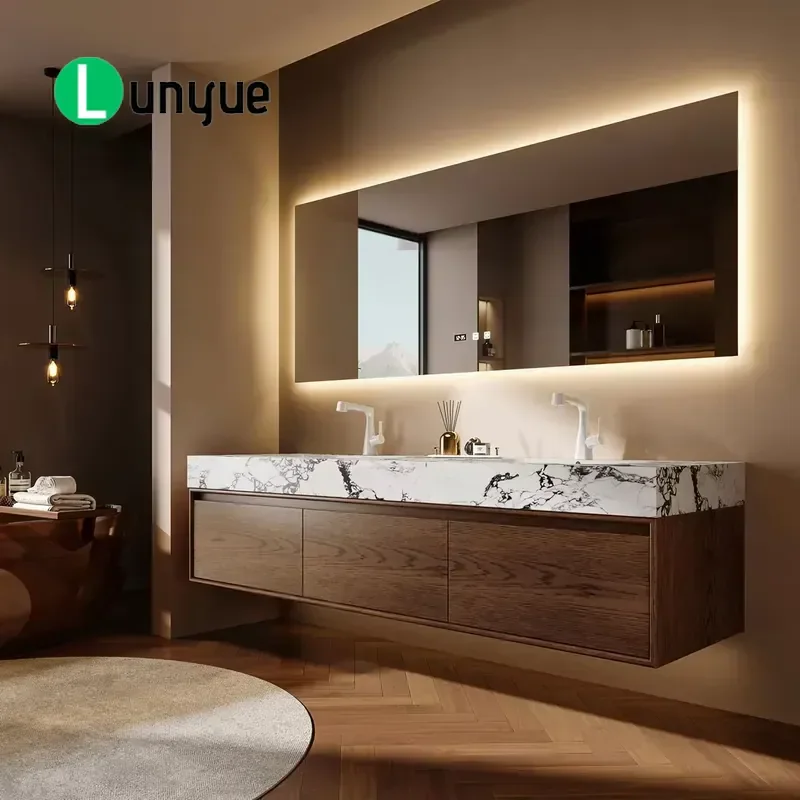 Custom Retro Red Oak Wall Mounted Bathroom Vanity Cabinet with Integrated Basin 70cm to 110cm Modern Storage Furniture for