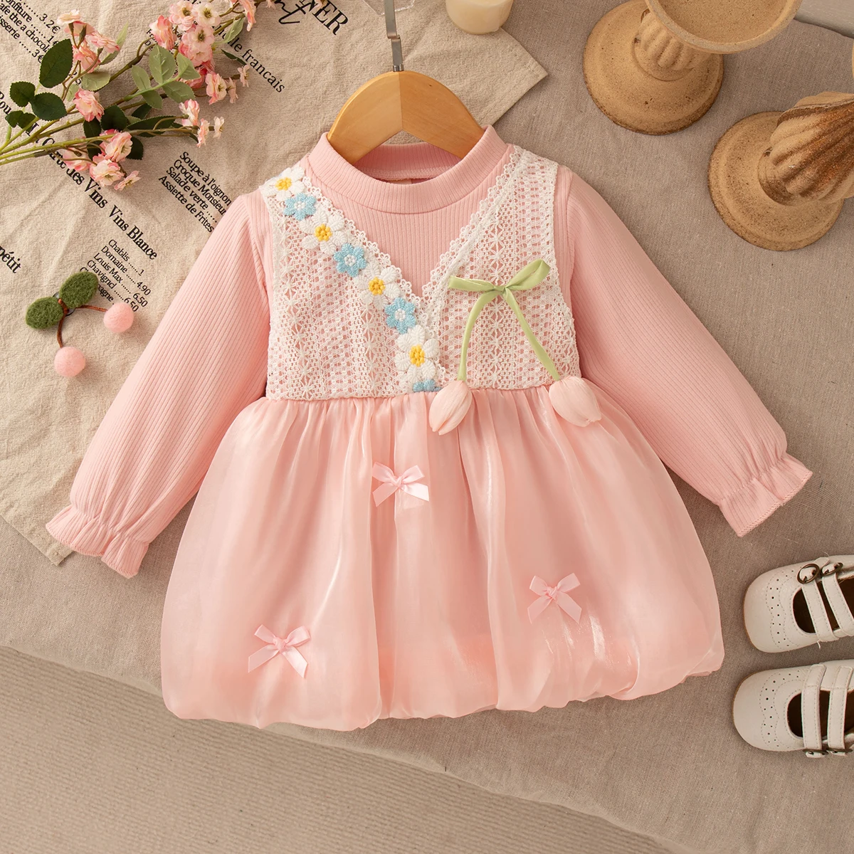 

Girls Garden Wedding Party Costume Bow Flower Embroidery Knit Long Sleeve Yarn Princess Dress Baby Girl Spring Autumn Dress