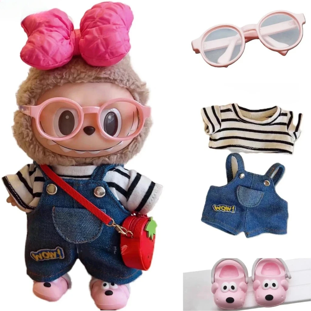 

17cm Labubu Cowboy Overalls Set Stylish Denim Outfit with Pink Glasses and Slippers Designer Clothes