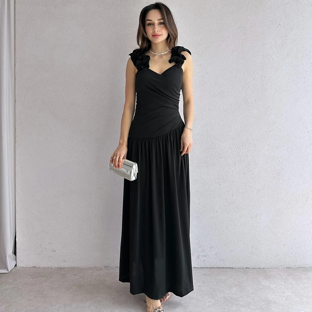 

Customized Strapless A-line Draped Jersey Evening Dress Spaghetti Strap Sleeveless Party Dress backless Ankle Length Prom Gown