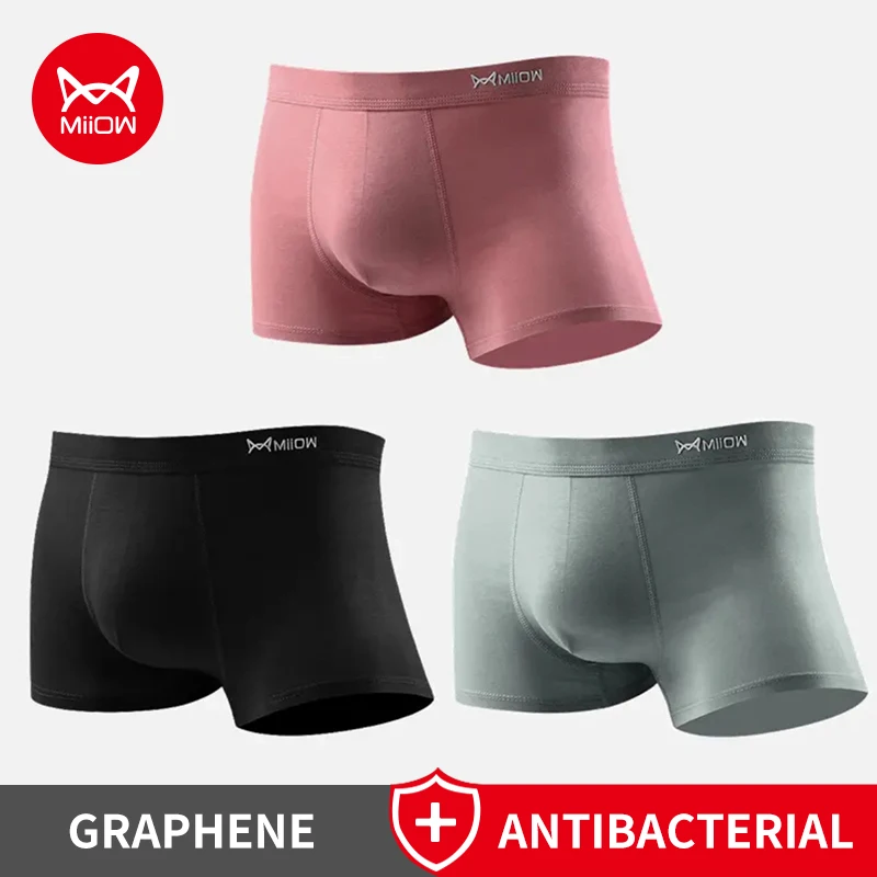 MiiOW 3Pcs Graphene Antibacterial Men's Underwear Cotton Man Panties Breathable U Convex Bag Crotch Underpants Male Boxer Trunks