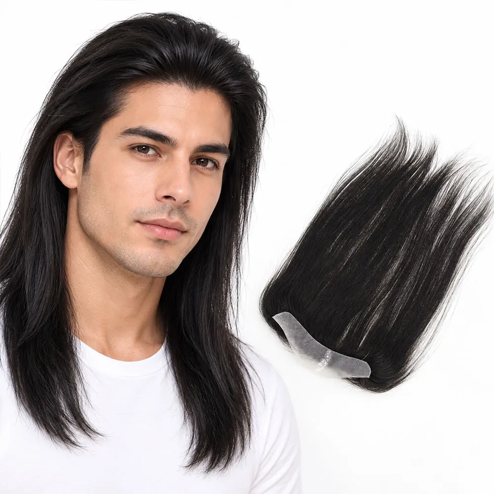 Natural V Loop Thin Skin PU Base Frontal Hairline Topper 13 Inch 2x16cm Hair Piece for Women And Men 1B# Black Color