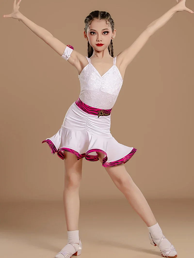 Costume da ballo latino per bambina, body in pizzo senza maniche, senza schienale e gonne lunghe, set da allenamento per bambini, abbigliamento da ballo per sala da ballo