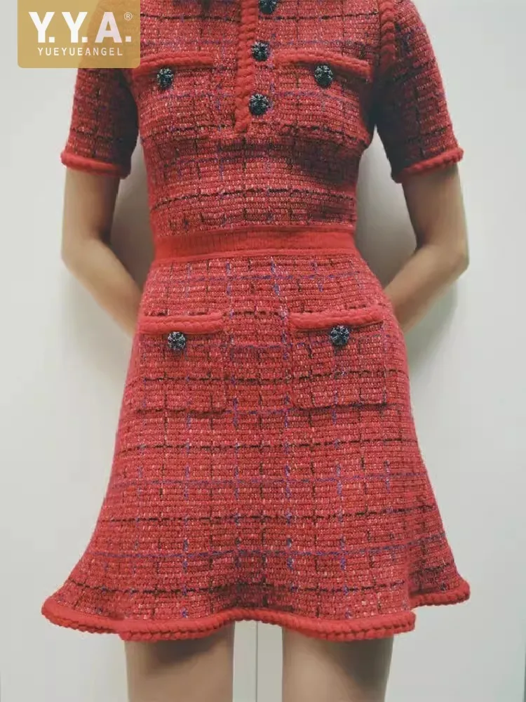 Vintage Women Red Plaid Tweed Dress O Neck Short Sleeve Slim Fit A Line Party 77cm Mini Dress French Style Pockets Twill Dress