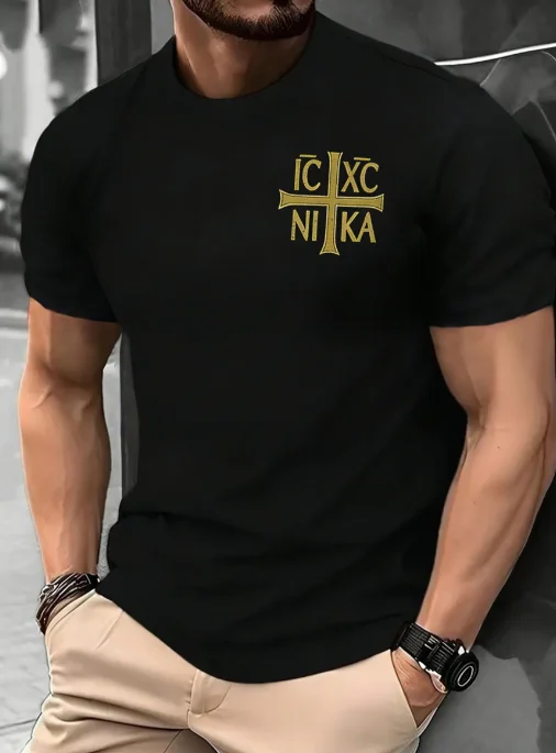 

Spring and Summer IC XC NI KA Cross Printed Cotton T-shirt for Men Retro and Trendy Casual Short Sleeved Round Neck T-shirt