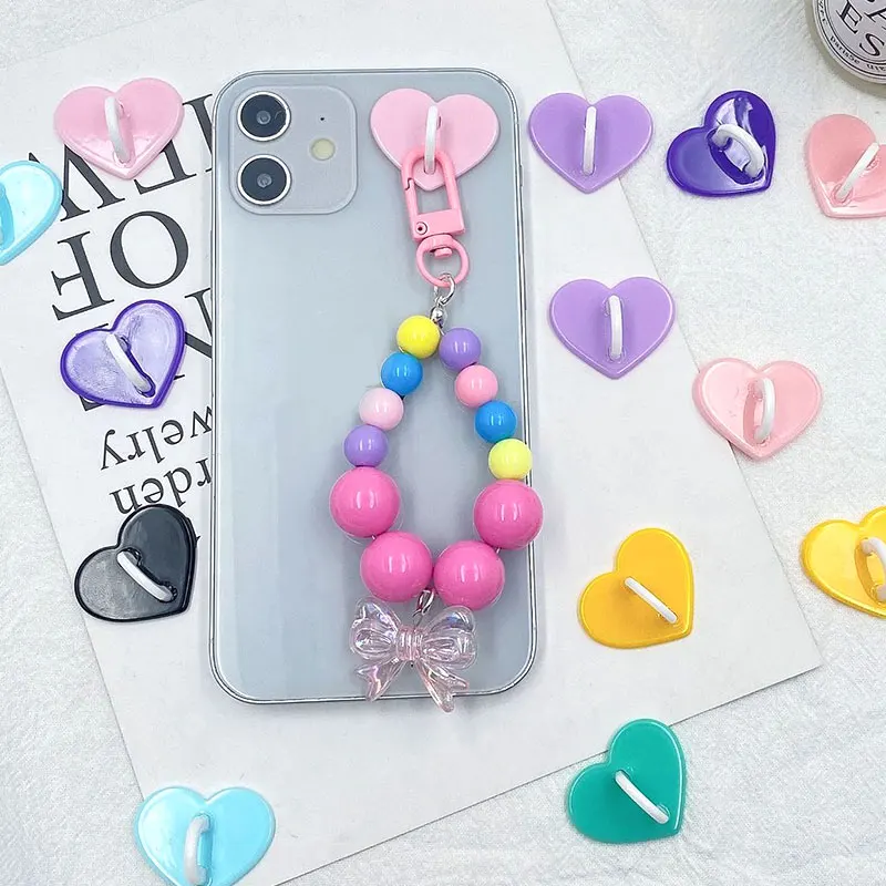 Anneau de support adhésif en métal en forme de cœur pour téléphone portable, 5 pièces, avec crochet, fermoir, accessoire, chaîne, kawaii