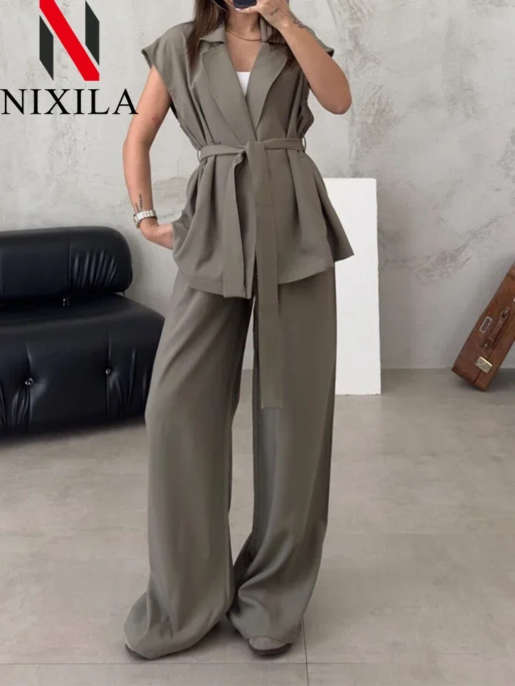 New Spring Summer Sleeveless Cardigan Long Pants Sets Fashion Casual Elegant Office 2 Piece Sets Womens Outfits Female Clothes