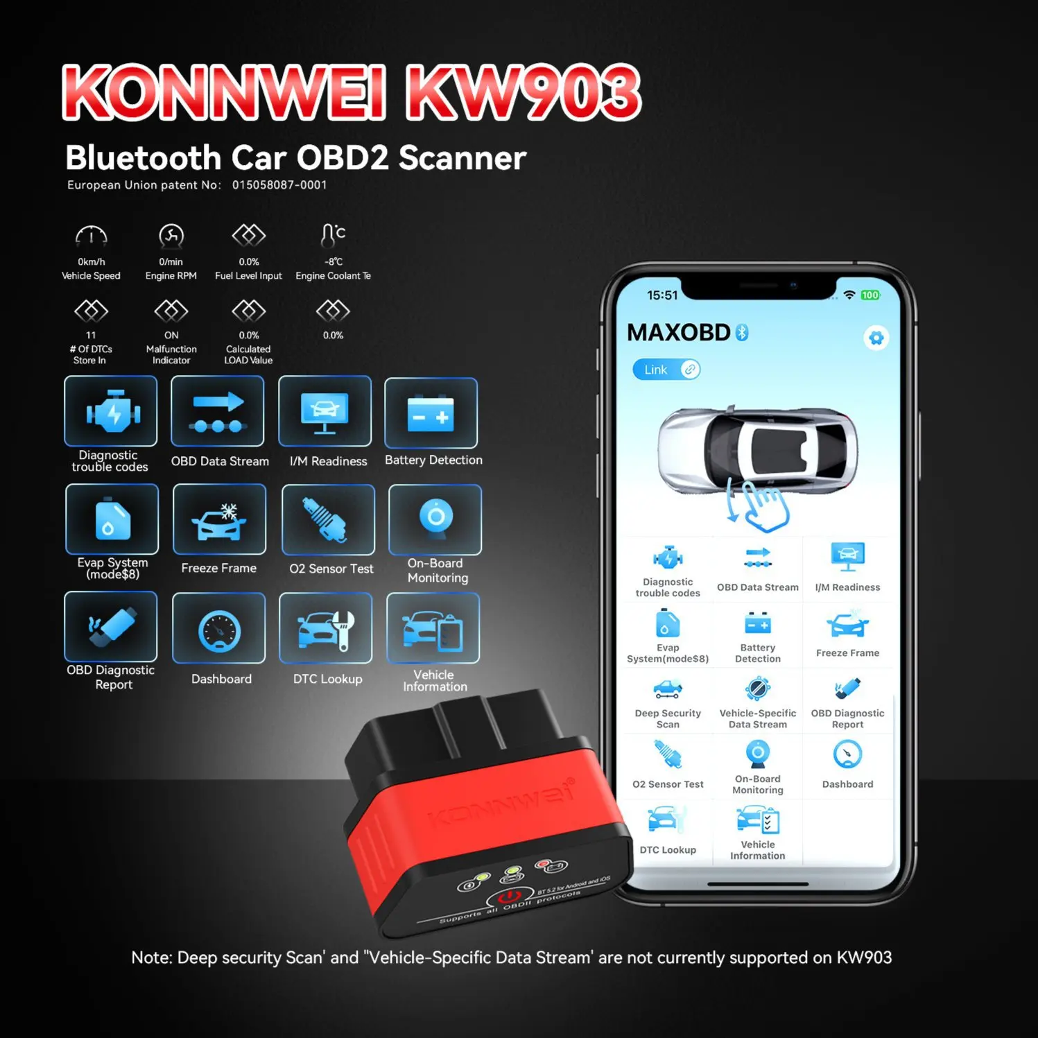 

Универсальный диагностический сканер KONNWEI KW903 Bluetooth 5.0 ELM327 V1.5 OBD2 для Android/iOS, считыватель кодов неисправностей, 12В, автомобильные инструменты