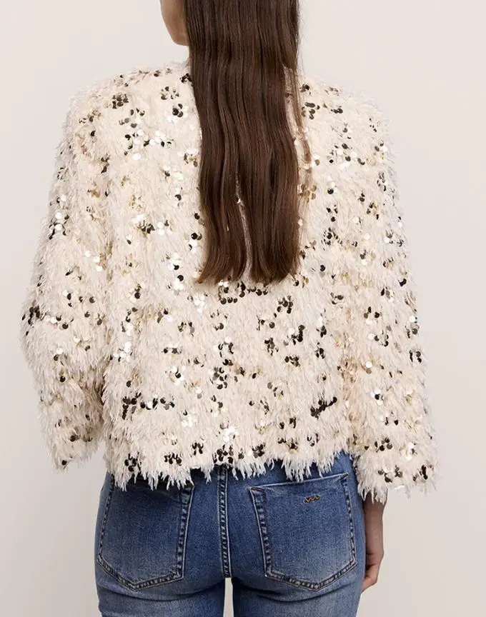 Warm Sequin Plush Fleece Open Front Cropped Winter Coat Contrast Outwear Fashion Fall