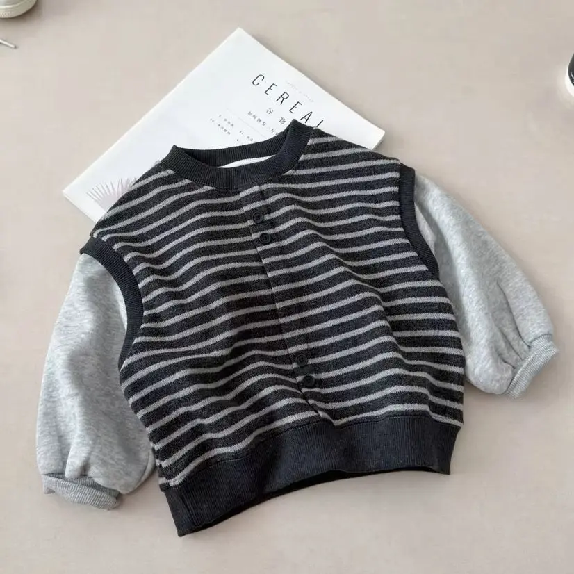 Children Clothing Fake Two Piece Sweatshirt 2026 New Autumn Baby Boys Girls Striped Spliced Long Sleeve Crew Neck Pullover Tops