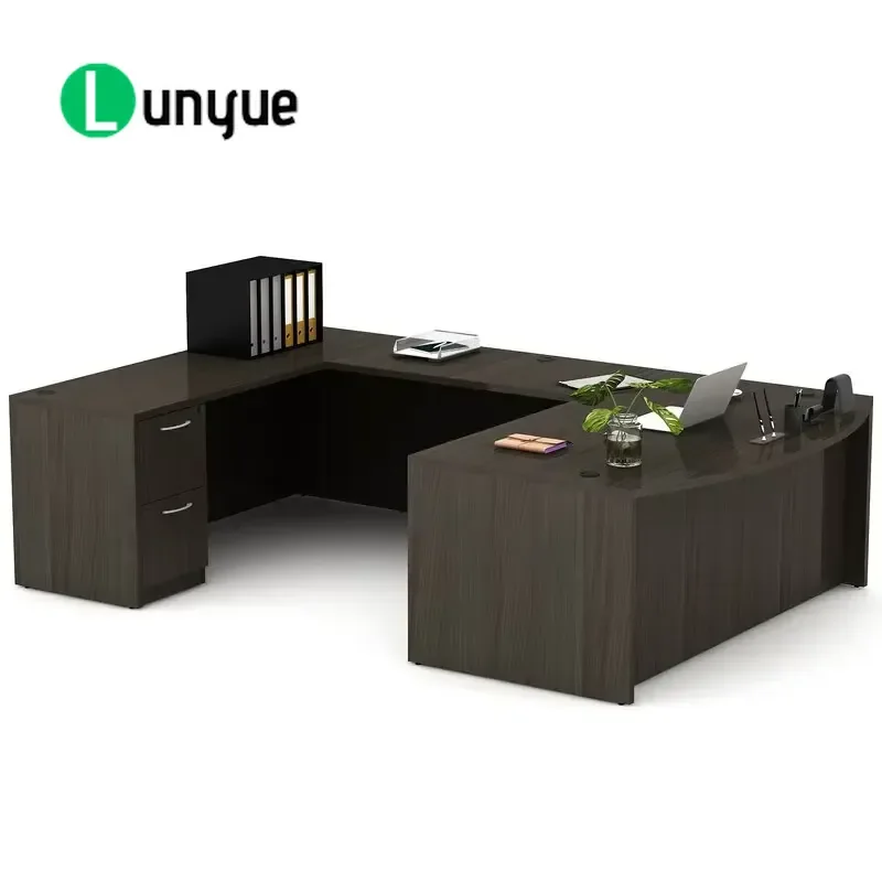 U Shaped CEO Executive Desk Wooden Modular Office Furniture with Lockable File Cabinet Deluxe Workstation for Home Business