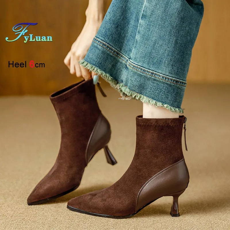 

Осенние новые женские модные ботильоны на высоком каблуке-шпильке 6 см, с острым носком, замшевые, с молнией, до середины икры