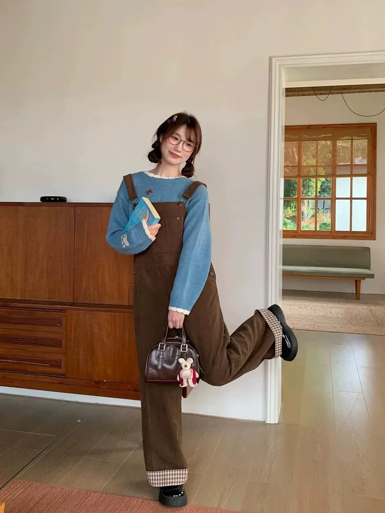 Caramel Corduroy Overalls Women's Autumn 2025 New Sle Cute Vintage Loose Straight Leg Jumpsuit High Waist Button Closure