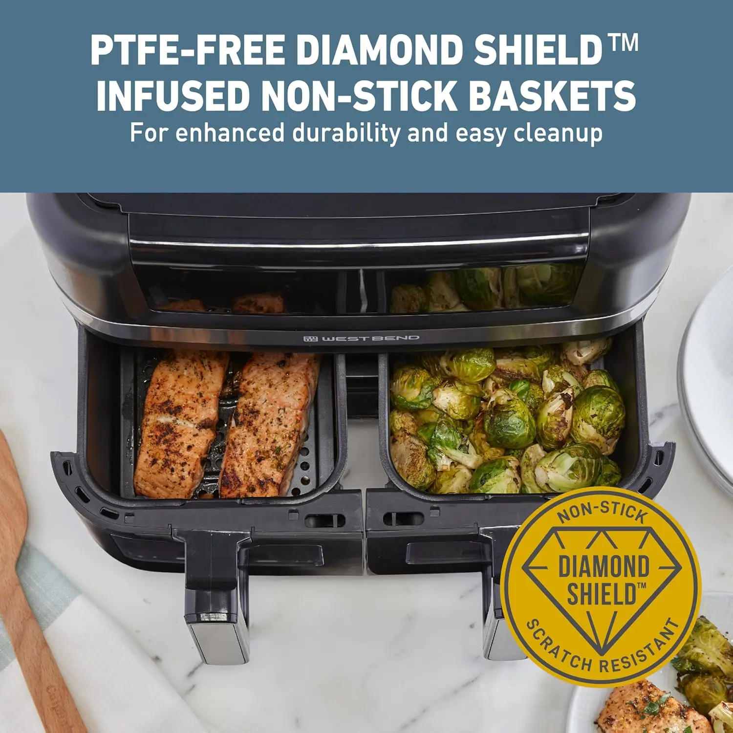 سلة Air Fryer المزدوجة بسعة 10 لتر مع أجهزة تحكم رقمية ونوافذ عرض و15 إعدادًا مسبقًا للطهي، وسلال قلي غير لاصقة، مزدوجة