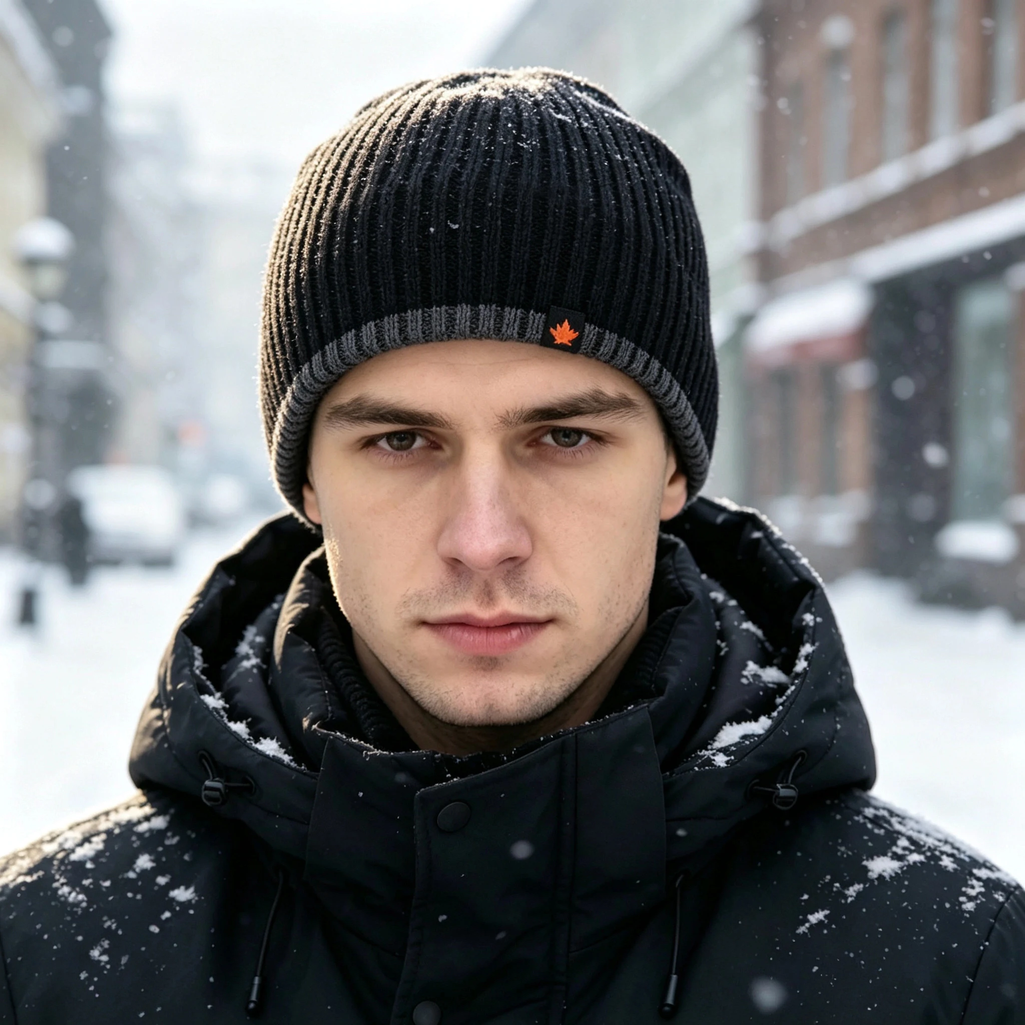 Winter Beanie Hat Men Fleece Lined Warm Knitted Hat With Maple‑leaf Wove Label Solid Color Outdoor Ski Skullcap For Cold Weather
