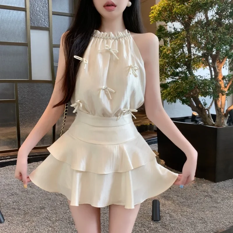 Temperament Fashion Hanging Neck Satin Diamond Top Cake Skirt Two-piece Set Women Bow Ruffle Edge Sleeveless Solid Summer Wear