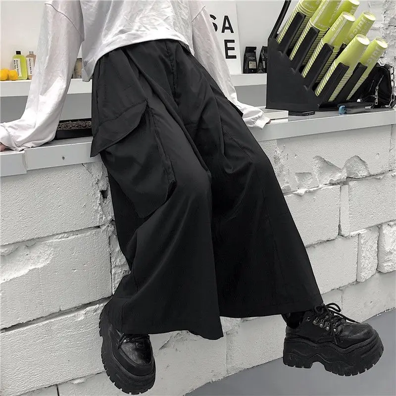 Black Pockets Patchwork Wide Leg Pants Spring Elastic Waist Solid Loose Plus Size Straight Pants Casual Fashion Women Clothing