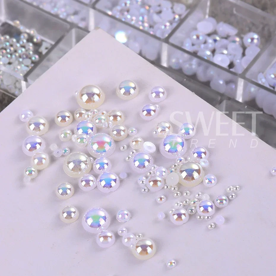 12 Grids Aurora Pearl Nails Art Decoration White Flatback Round Beads Jewelry Summer DIY Charm Elegant Wedding Accessories Parts