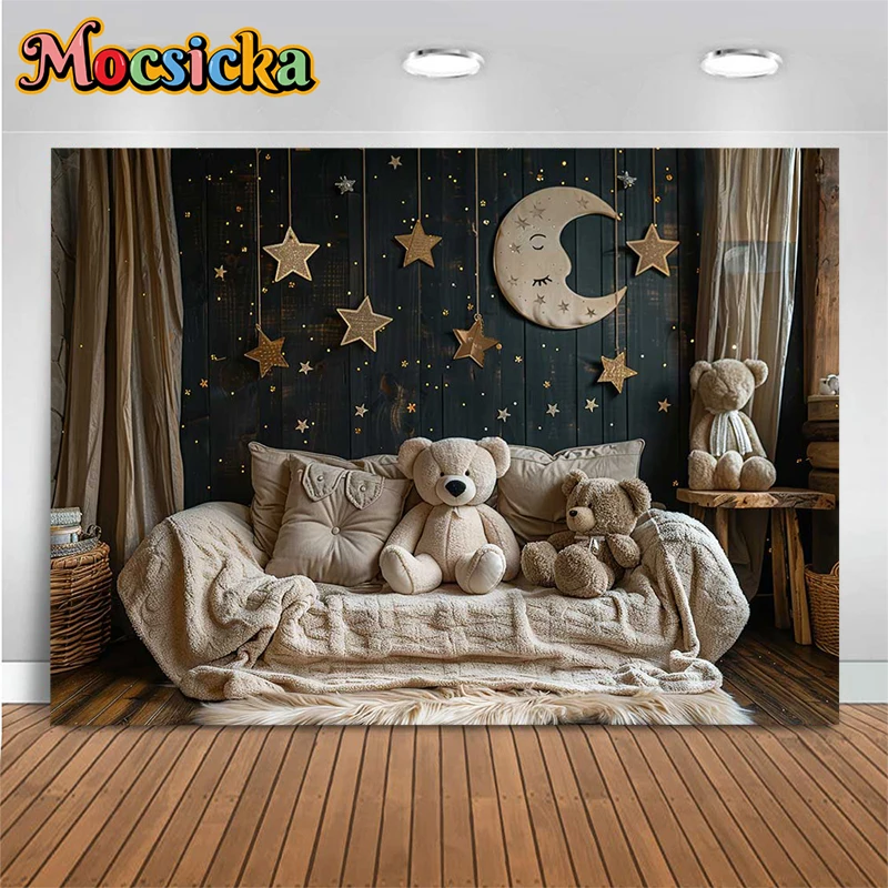 Starry Bear Photography Background Baby Shower Star Moon Dark Blue Wall Backdrop Decoration Props Newborn Portrait Photo Studio