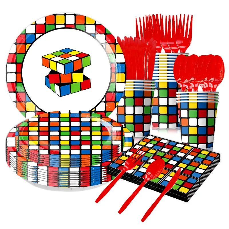 Colored square Rubik\'s cube themed party birthday utensils plates paper cups napkins disposable tableware decorations