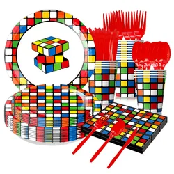 Colored square Rubik's cube themed party birthday utensils plates paper cups napkins disposable tableware decorations