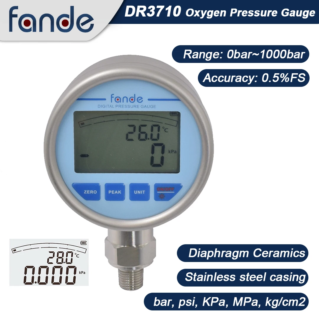 FANDE Oxygen Pressure Gauge 0.5%FS 4-digits Ceramics Diaphragm Backlight LCD Stainless Steel Manometer